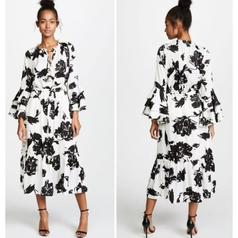 MISA Womens Small Juliette Bell Sleeves Floral Midi Dress Black White Ruffled